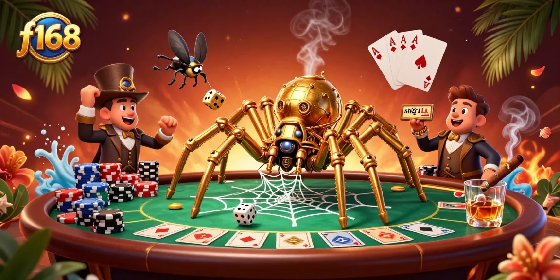 Engage with f168's vibrant gaming world featuring a golden spider and poker elements.