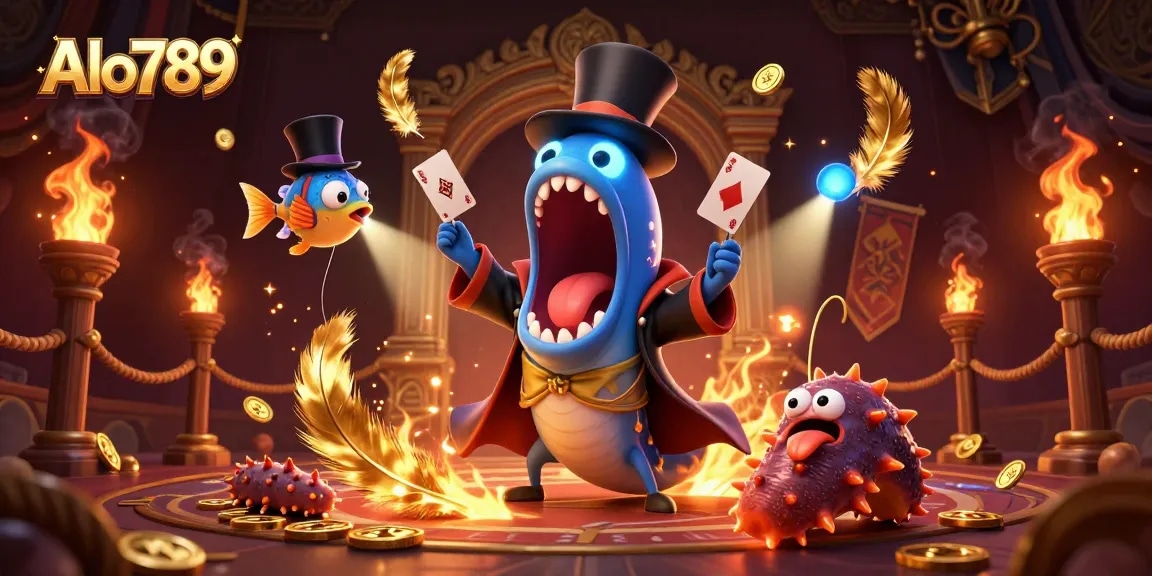 Alo789 showcases a dynamic casino scene with unique characters performing magical acts and gambling elements.