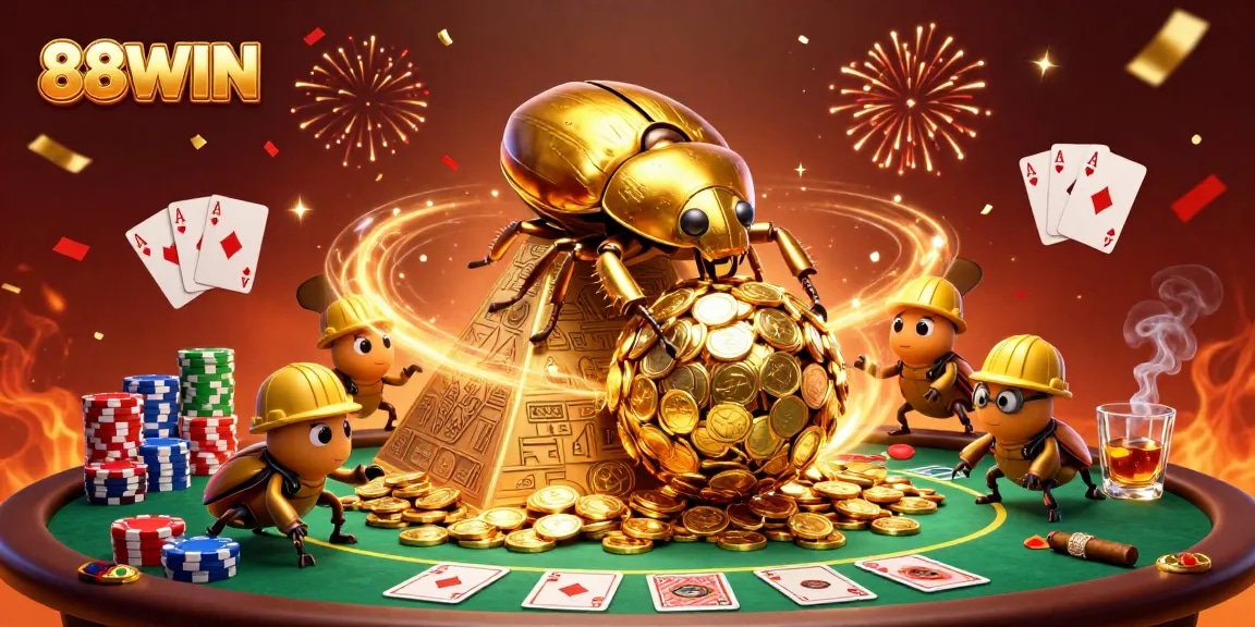 88WIN's captivating scene with golden beetle and vibrant poker elements celebrating wins.