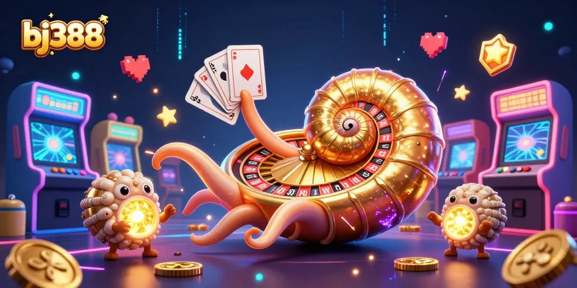 BJ388 boosts excitement with a vibrant scene of a stunning nautilus roulette wheel, dynamic game elements, and glowing casino features.