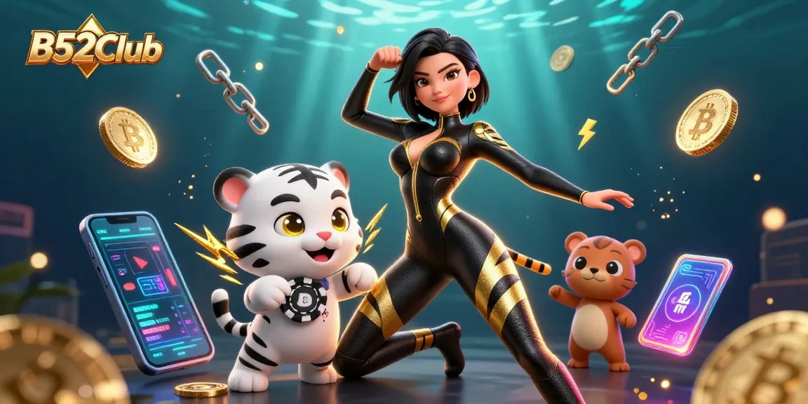 B52Club showcases a dazzling woman in a sleek black catsuit, accompanied by a playful tiger, amidst vibrant casino elements.