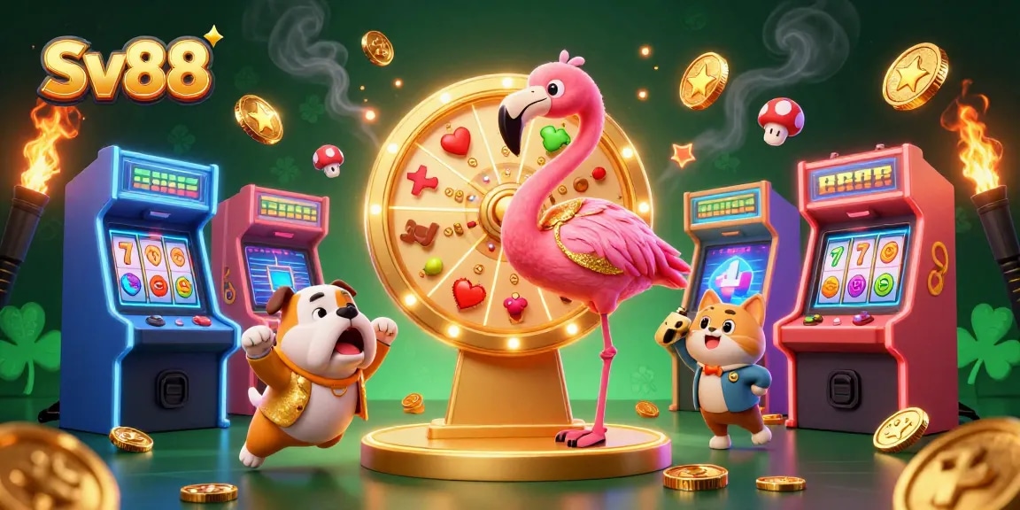 Engage with Sv88's exciting casino experience featuring vibrant characters and slot reels.