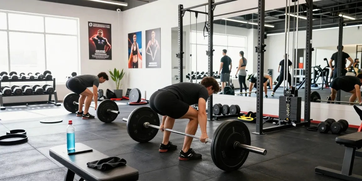 Fitness-Training im Selliza Shop mit Athleten im modernen Fitnessstudio bei dynamischen Übungen.