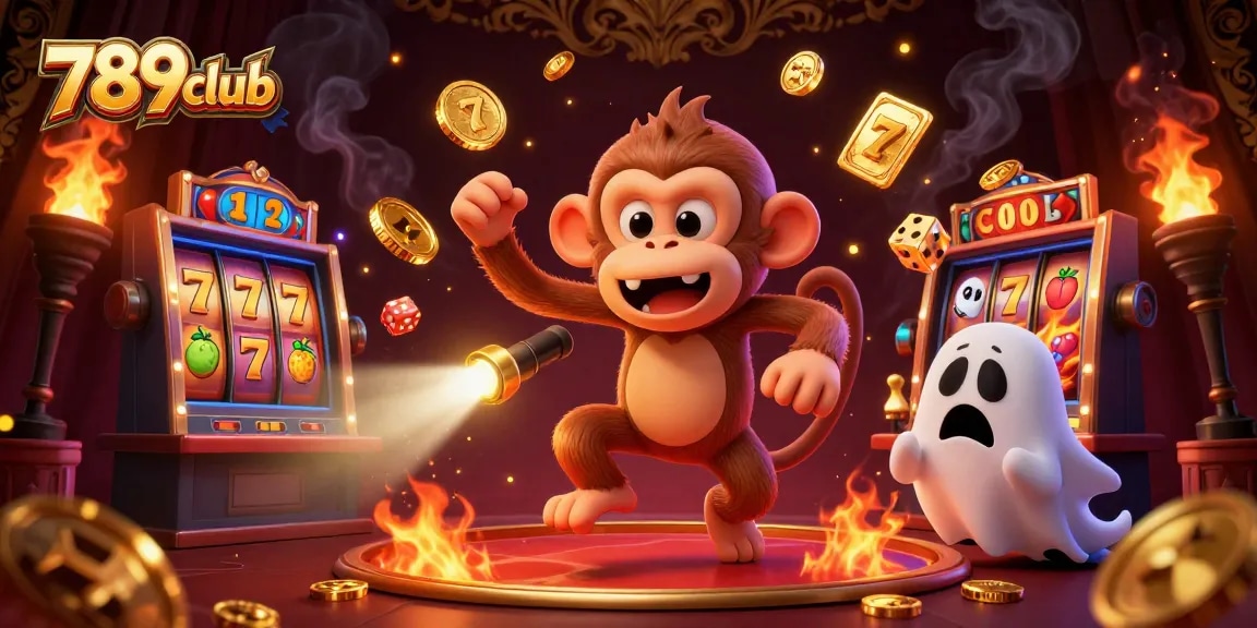 Experience thrilling 789club gaming with a mischievous poltergeist monkey juggling golden rewards in a haunted casino.