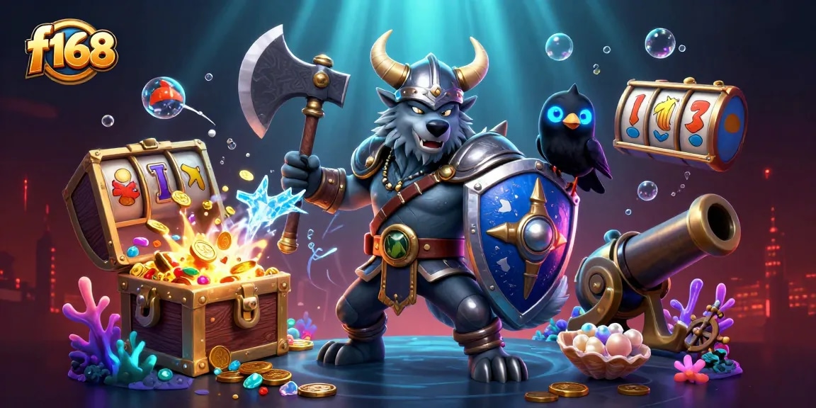Join the excitement with f168 as a Viking warrior encounters treasures in this vibrant casino scene.