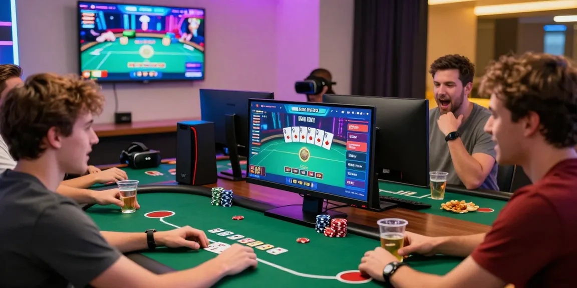 Group enjoying dewapoker online gaming session with friends, colorful poker interface displayed on computer.