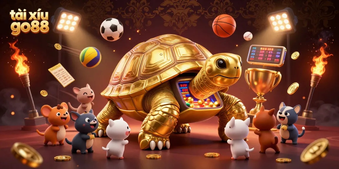 Tài xỉu go88 casino excitement illustrated with dynamic sports balls and a golden turtle pinball machine.