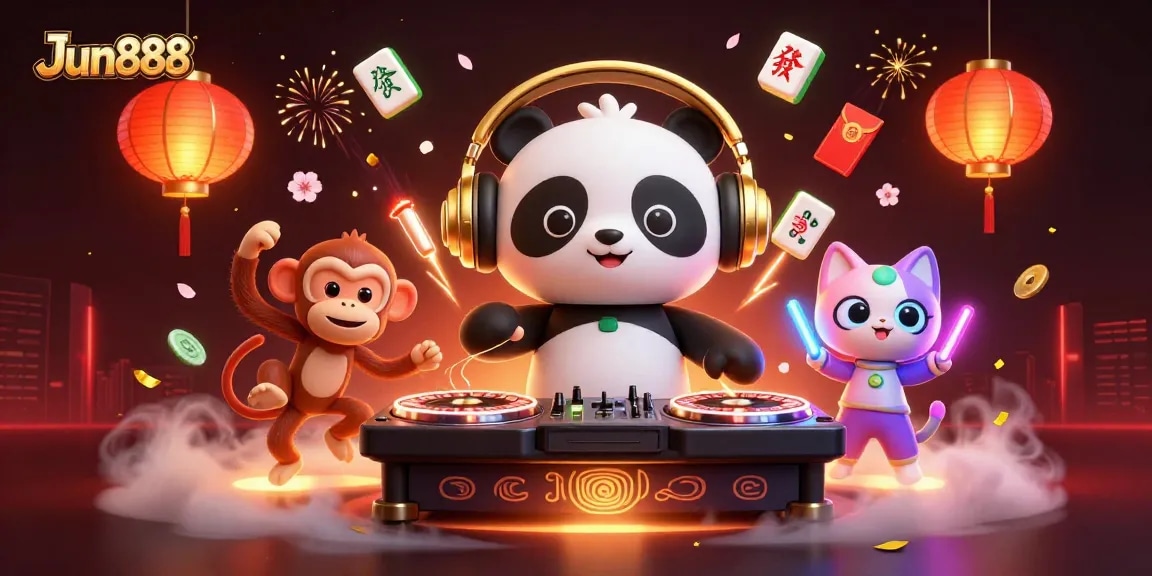 Engage in exciting gameplay at Jun888 with a vibrant 3D scene of festive casino characters.