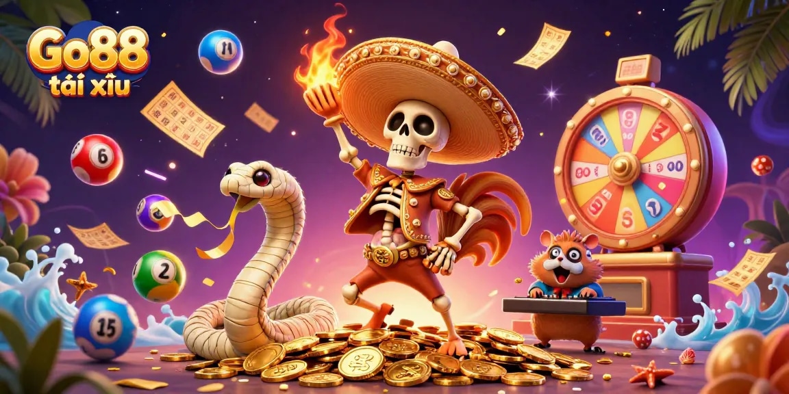 Win big at Go88 tài xỉu with vivid characters celebrating on shimmering coins and vibrant elements.
