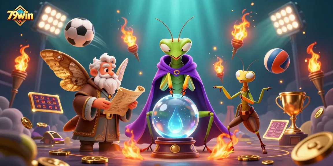 Experience winning strategies with 79win in a dynamic casino illustration showcasing fortune tellers and sports elements.