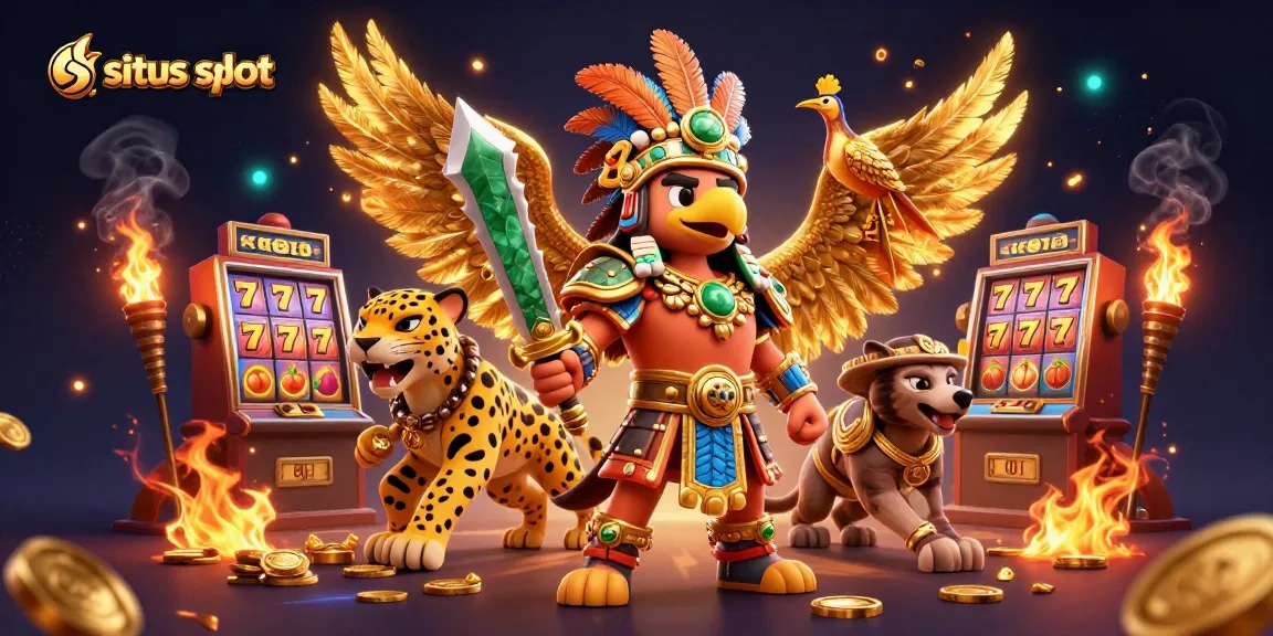 Visualisasi situs slot dengan slot reels berwarna-warni dan karakter Aztec bertarung dengan efek menarik.