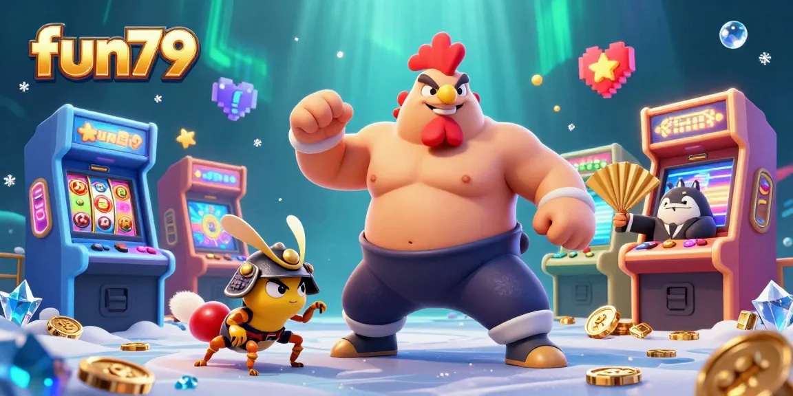 Experience the excitement of fun79 with a vibrant 3D casino scene featuring unique characters and gaming elements.