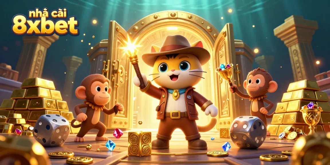 Engage in thrilling adventures at nhà cái 8xbet with a vibrant 3D casino scene featuring treasure and excitement.