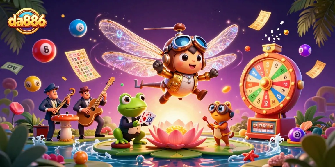 Experience dynamic gaming with da886 at a vibrant lily pad casino featuring a helicopter pilot and card games.