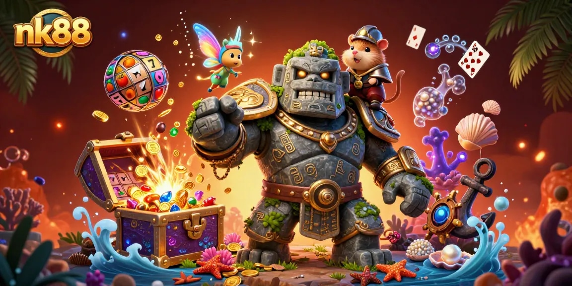 nk88 gaming scene showcasing a dynamic golem guardian, slot reels, and fantasy elements for engaging gameplay.