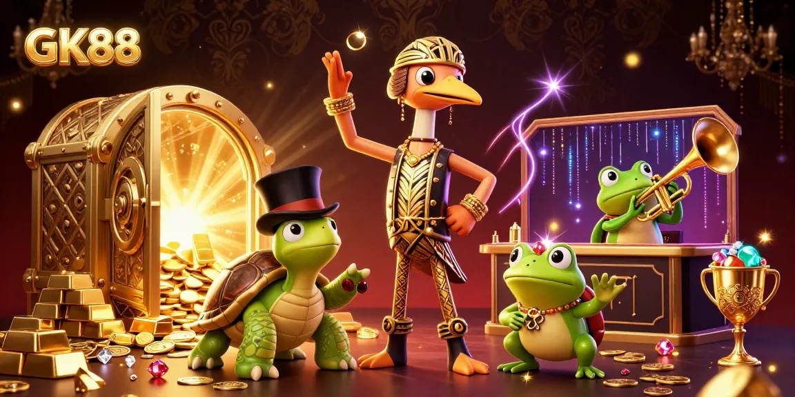Experience the thrill of gambling at GK88 with vibrant characters and dazzling treasures.