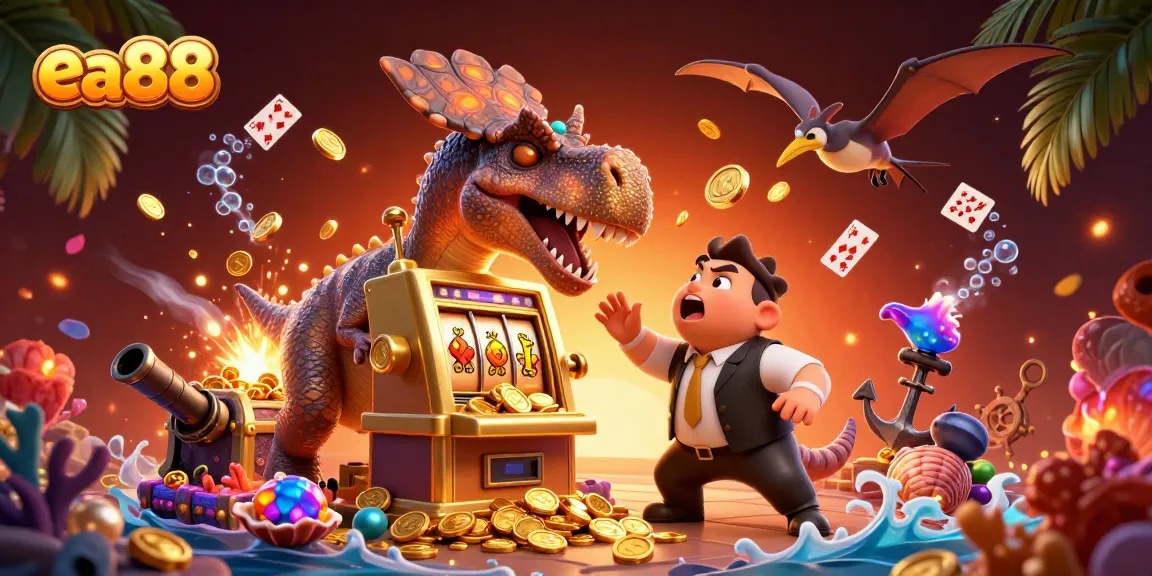 ea88 jackpot scene with a dinosaur, slot machine wins, and flying coins in a casino
