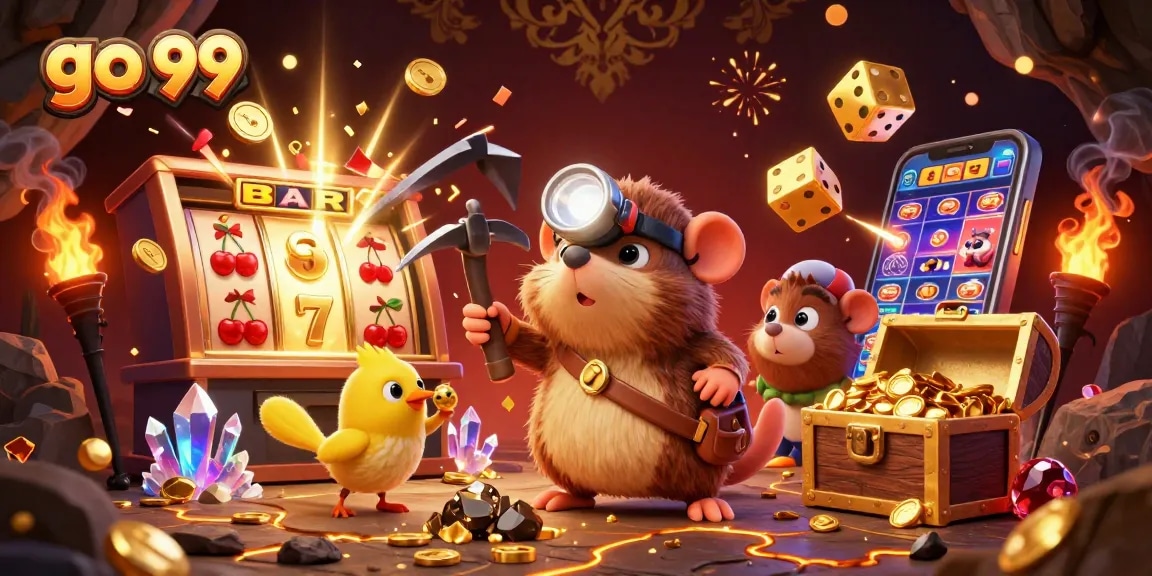 Experience the thrill of gaming with go 99's vibrant treasures and jackpot bursts in this 3D illustration.