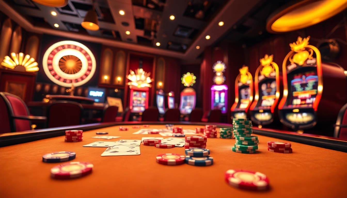 Engaging scene at home Jl55 casino, highlighting a luxurious poker table and vibrant slot machines.