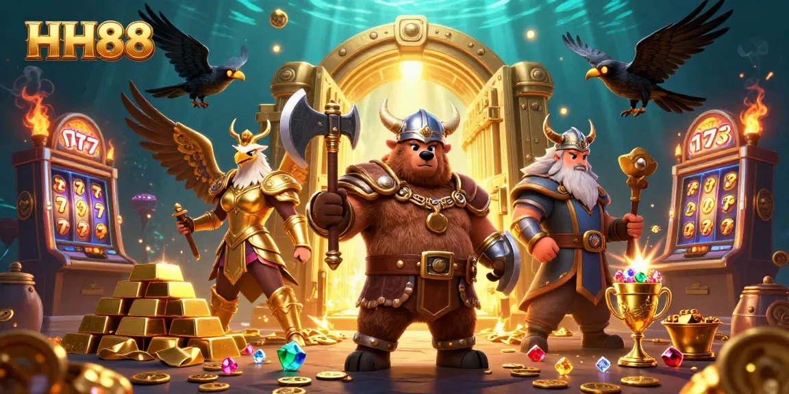 Experience thrilling slots action at HH88 with Viking and Valkyrie characters in a treasure-filled scene.