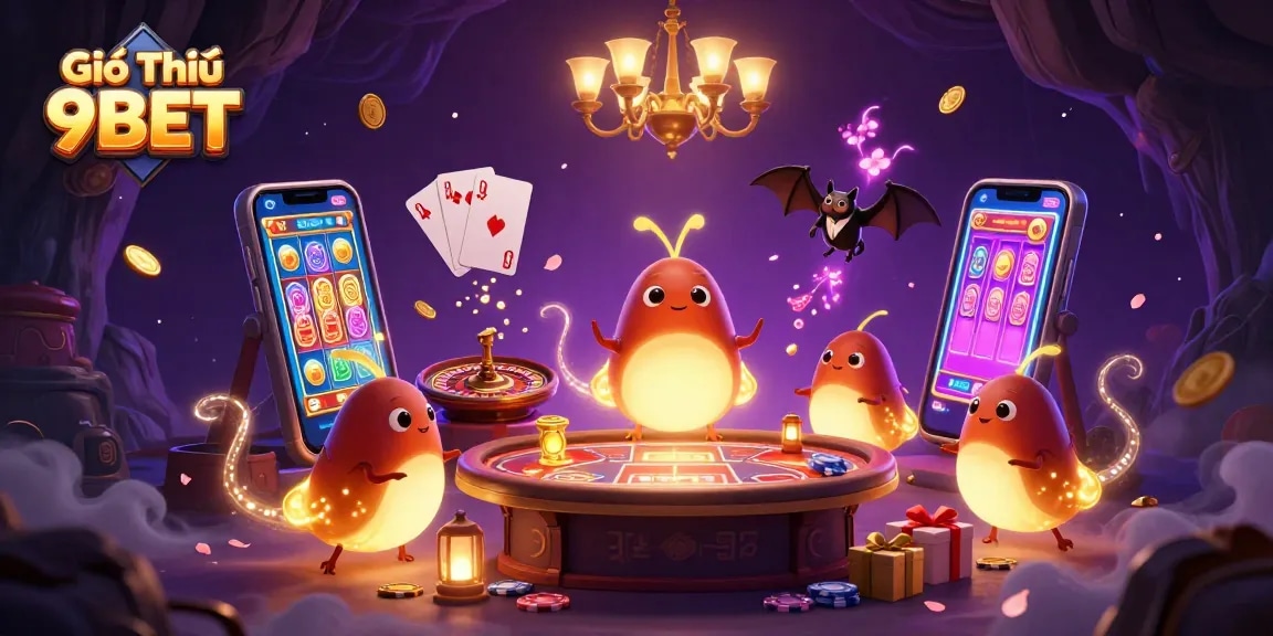 Light up your gameplay with Giới Thiệu 9BET, showcasing a vibrant casino scene featuring glowworms and exciting gaming elements.