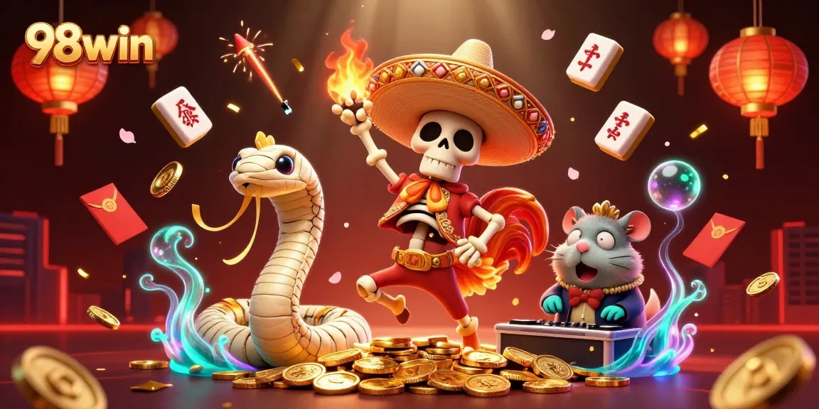 Celebrate wins at 98win with a vibrant scene featuring a mariachi rooster, mummy snake, and DJ hamster.