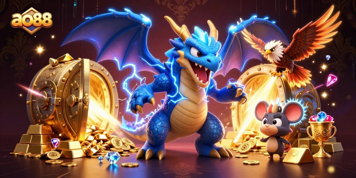Spin the reels with ao88 and uncover treasures in this vibrant casino-themed scene.