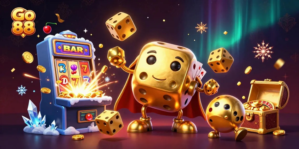 Engage in exhilarating gaming with Go 88's dynamic 3D casino scene featuring golden dice and bursting jackpots.