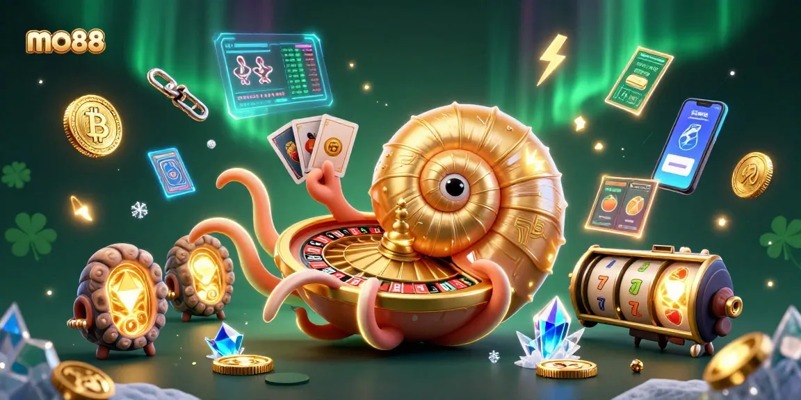 Engage in dynamic gameplay with mo88's casino features, showcasing a nautilus roulette wheel and glowing elements.