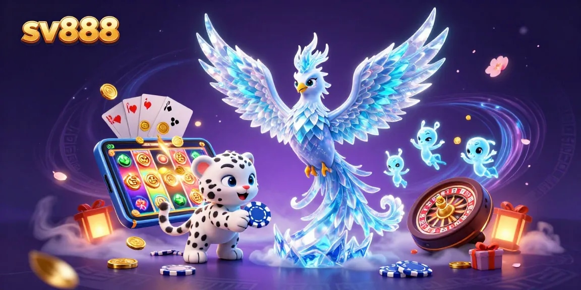 Engage with sv888 through a vibrant 3D scene featuring a playful snow leopard and an ice phoenix surrounded by dazzling casino elements.