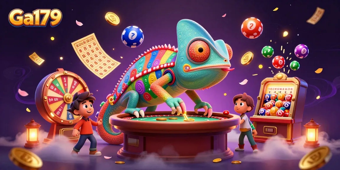 Experience thrilling gameplay at Ga179 with a dynamic scene of vibrant casino elements and a chameleon owner!