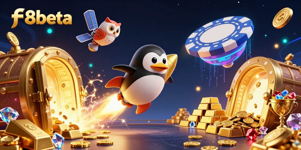 Experience the excitement of f8beta with a golden penguin soaring to a vibrant casino space station amidst treasures.