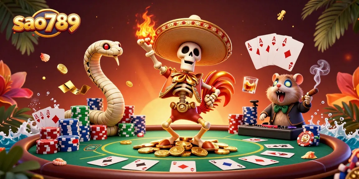 Sao789's vibrant illustration showcases a whimsical 3D casino scene celebrating game dynamics with characters in action amidst poker elements.