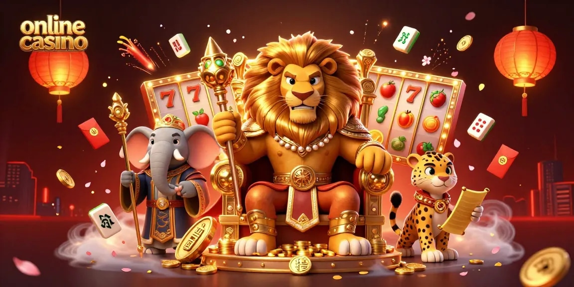Engage in the online casino adventure with a lion king, elephant advisor, and cheetah messenger.