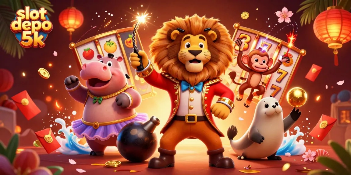 Experience slot depo 5k with vibrant reels and lively characters in this dynamic casino scene.