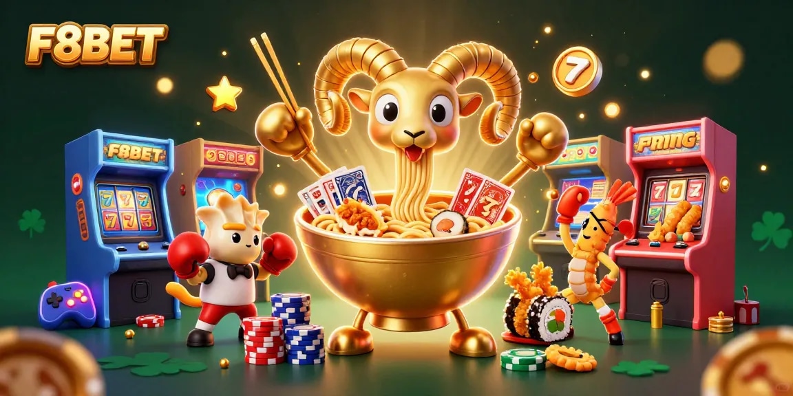 Engage in thrilling casino action with F8BET featuring a vibrant 3D illustration of playful characters.