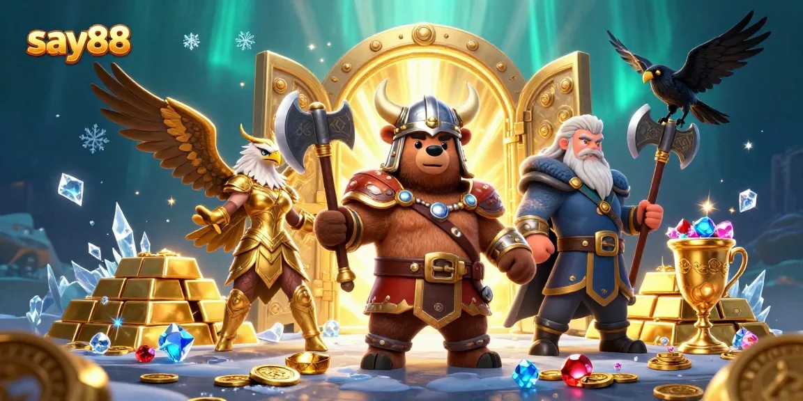 Engage with say88’s vibrant casino landscape, featuring a Viking bear, Valkyrie eagle, and dynamic gold elements.