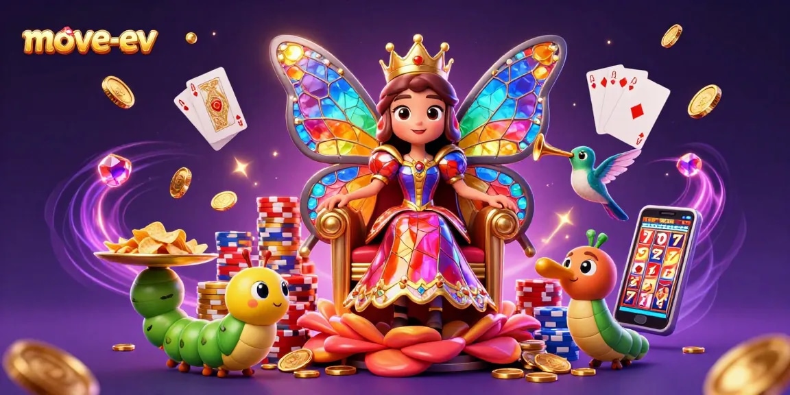 Win big with move-ev's vibrant illustration depicting a butterfly queen in a lively gambling scene.