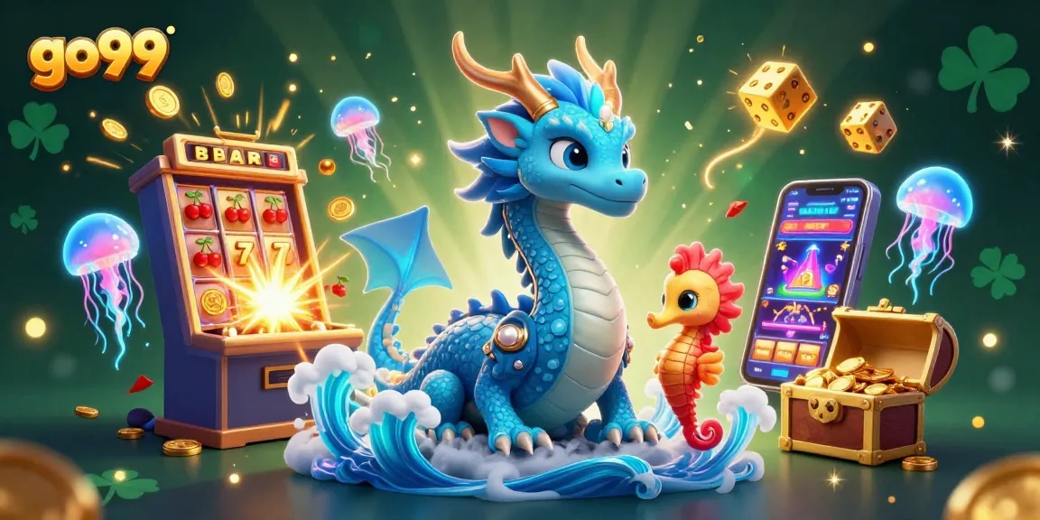 Experience the excitement of go99: A vibrant casino scene with a dragon, seahorse knight, and extravagant jackpots.
