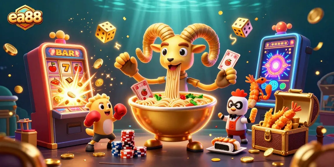 ea88 launches thrilling games with vibrant golden ramen bowl and exciting slot machine bursts