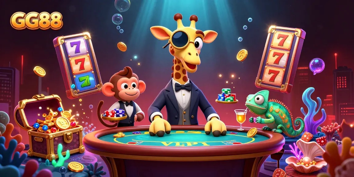 Experience excitement at GG88 with a vibrant scene featuring a high-roller giraffe and casino elements.
