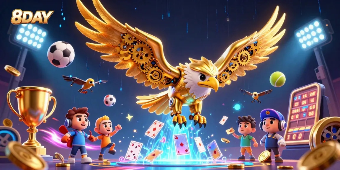 Engage with 8DAY's thrilling gambling action featuring a cybernetic eagle amidst dynamic sports elements.