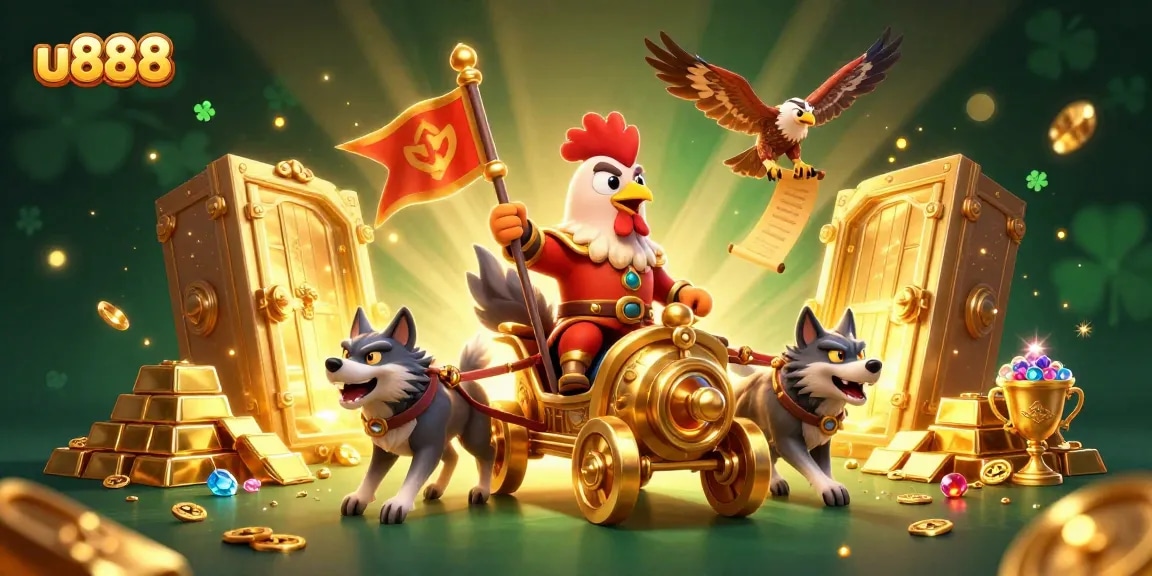 Experience the thrilling action of u888 with a golden war chariot and treasure in a captivating casino scene.