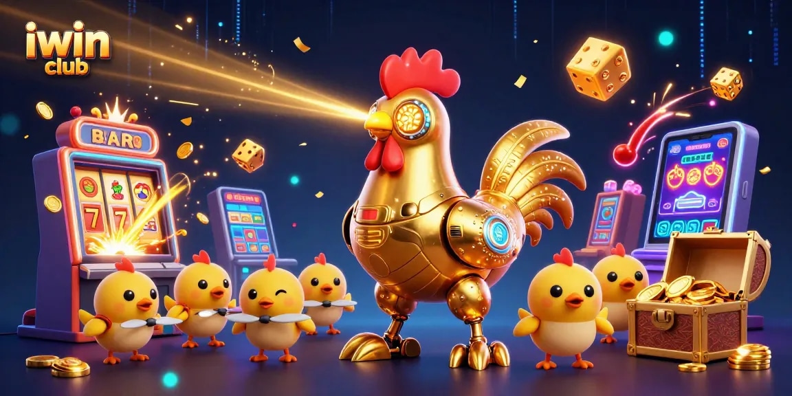 Spin the reels with iwin club's vibrant golden rooster robot and dazzling casino elements!