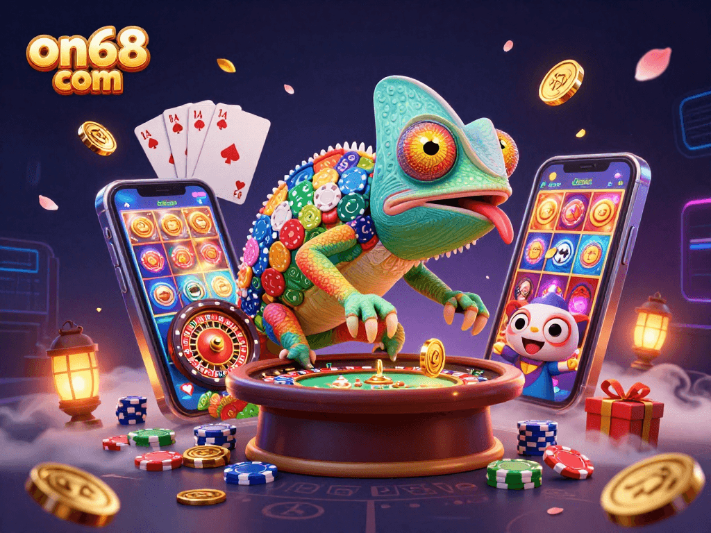 Experience vibrant gaming with on68 com: a captivating chameleon casino owner amidst golden coins and casino magic.
