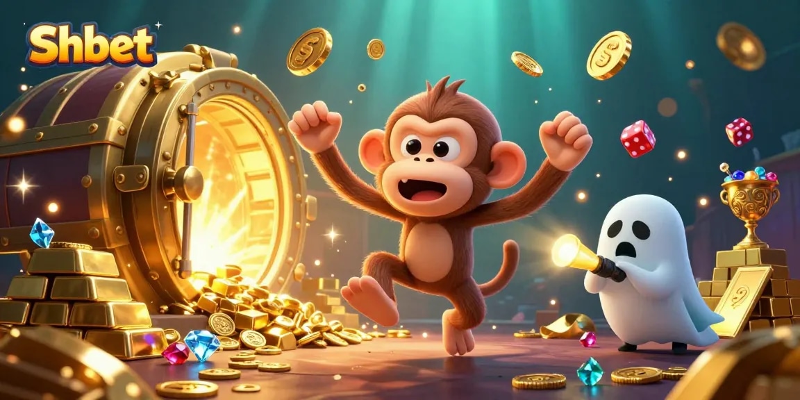 Shbet game action with a mischievous monkey and ghost-hunter puppy in a vibrant casino scene.