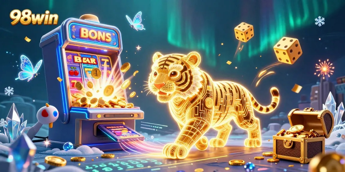 Experience thrilling gameplay at 98win with a colorful casino scene featuring dazzling jackpots and vibrant characters.