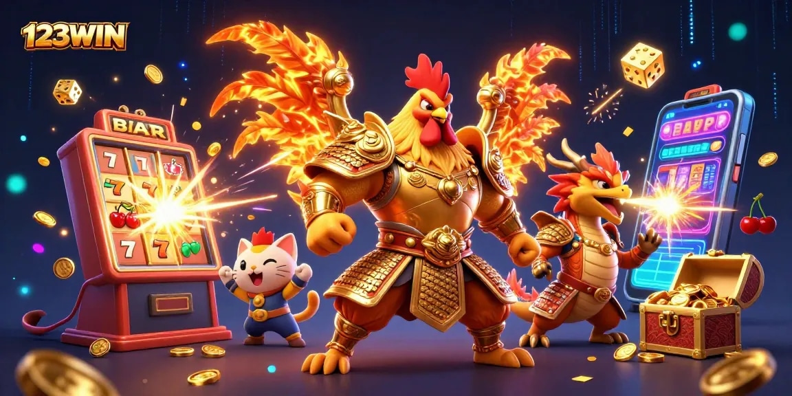 Join the excitement with 123WIN, featuring stunning characters amidst a vibrant casino backdrop.
