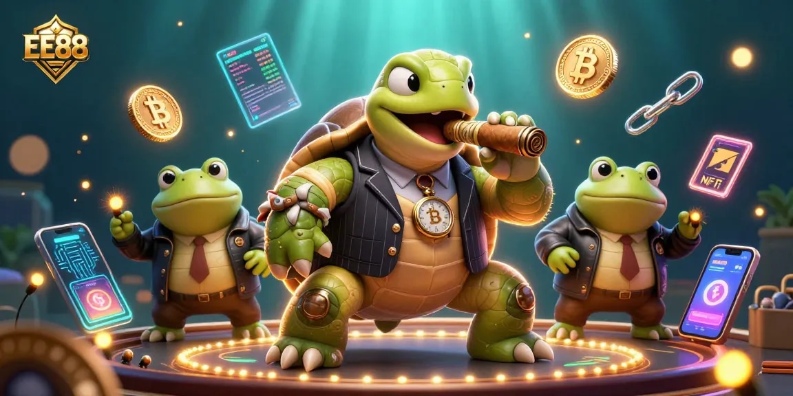 Engage with EE88's vibrant online casino experience featuring playful characters and crypto elements.