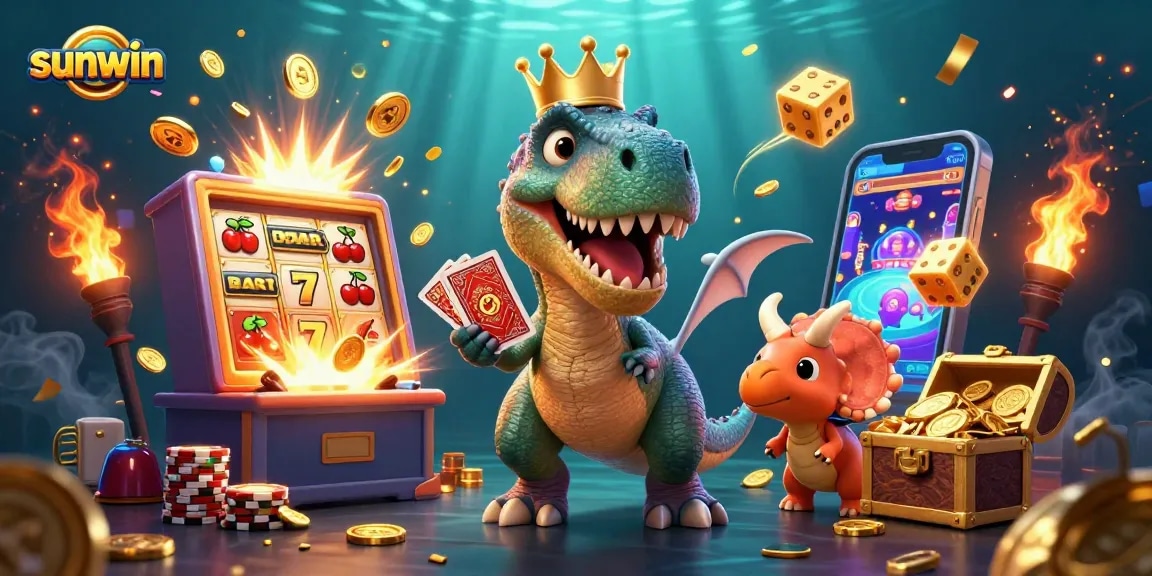 Join the fun at Sunwin with a T-Rex, pterodactyl, and triceratops in a vibrant casino scene!